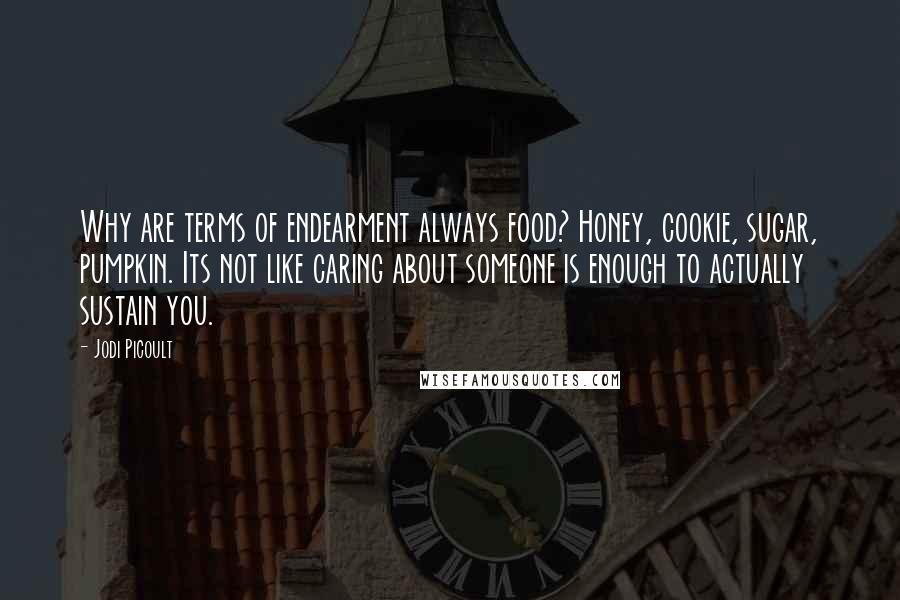 Jodi Picoult Quotes: Why are terms of endearment always food? Honey, cookie, sugar, pumpkin. Its not like caring about someone is enough to actually sustain you.