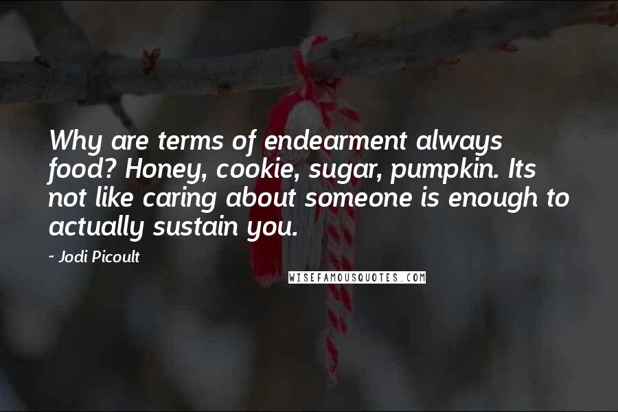 Jodi Picoult Quotes: Why are terms of endearment always food? Honey, cookie, sugar, pumpkin. Its not like caring about someone is enough to actually sustain you.