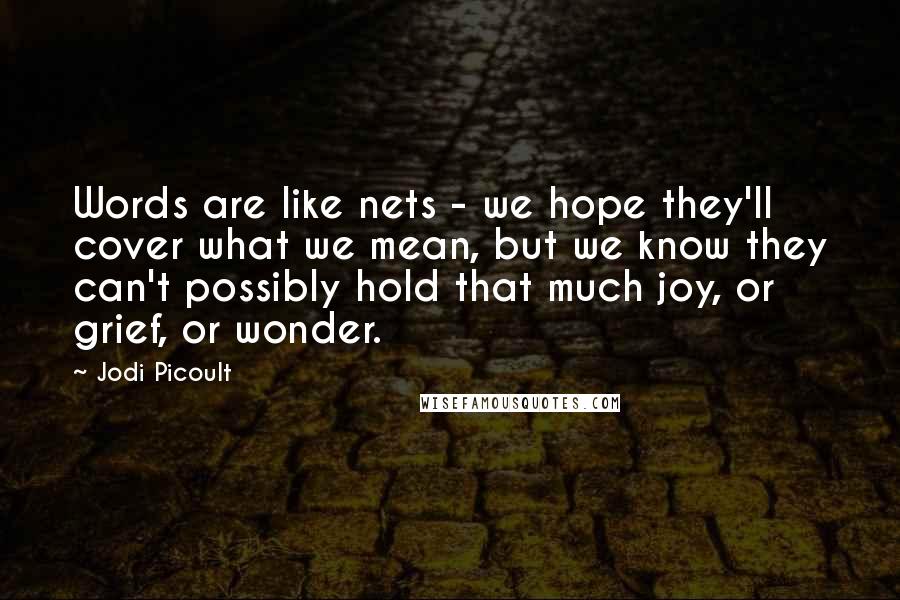 Jodi Picoult Quotes: Words are like nets - we hope they'll cover what we mean, but we know they can't possibly hold that much joy, or grief, or wonder.