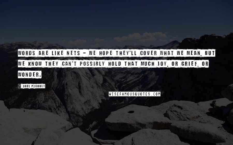 Jodi Picoult Quotes: Words are like nets - we hope they'll cover what we mean, but we know they can't possibly hold that much joy, or grief, or wonder.
