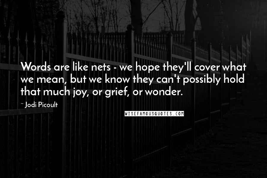 Jodi Picoult Quotes: Words are like nets - we hope they'll cover what we mean, but we know they can't possibly hold that much joy, or grief, or wonder.