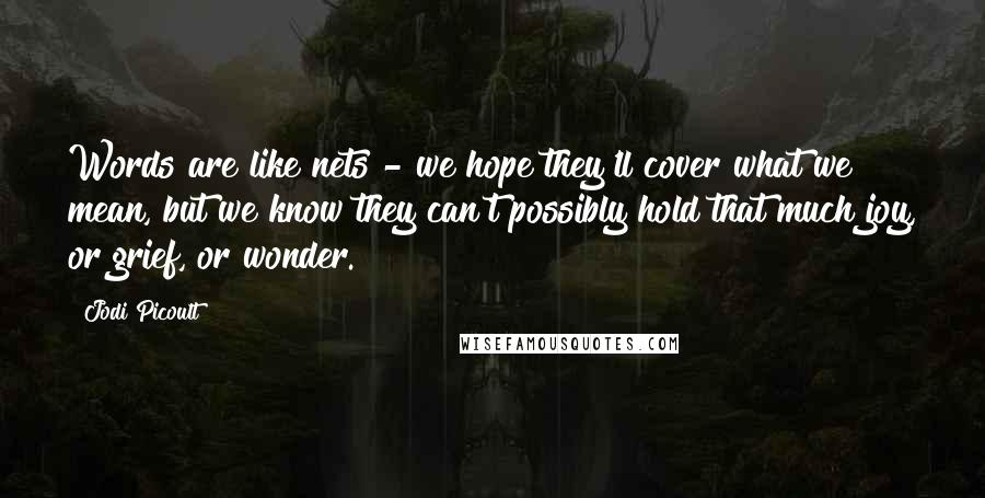 Jodi Picoult Quotes: Words are like nets - we hope they'll cover what we mean, but we know they can't possibly hold that much joy, or grief, or wonder.