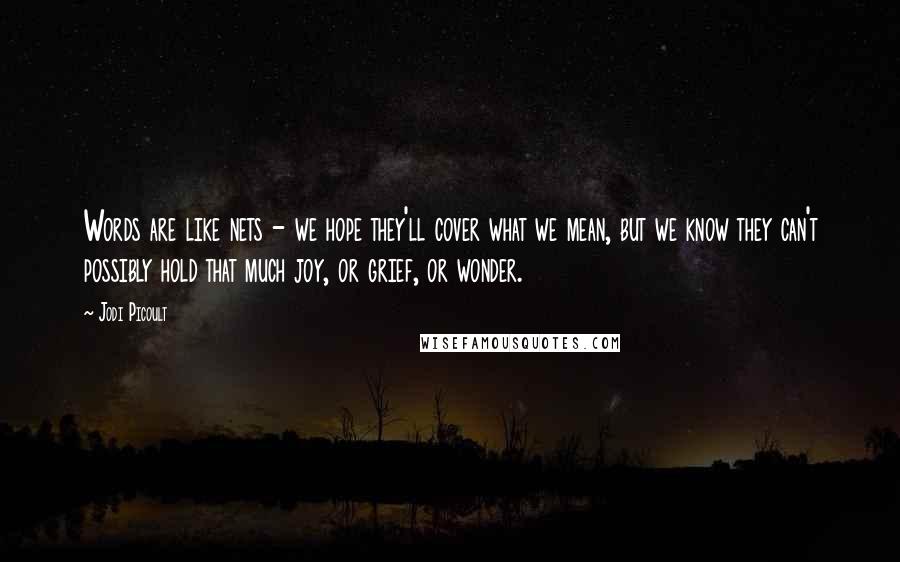 Jodi Picoult Quotes: Words are like nets - we hope they'll cover what we mean, but we know they can't possibly hold that much joy, or grief, or wonder.