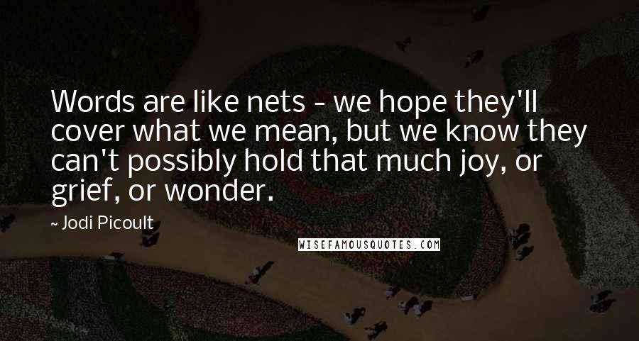 Jodi Picoult Quotes: Words are like nets - we hope they'll cover what we mean, but we know they can't possibly hold that much joy, or grief, or wonder.