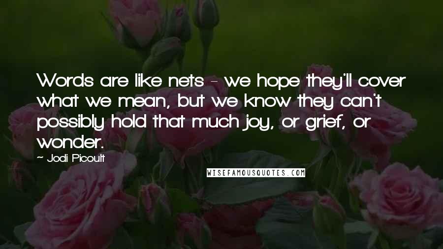 Jodi Picoult Quotes: Words are like nets - we hope they'll cover what we mean, but we know they can't possibly hold that much joy, or grief, or wonder.