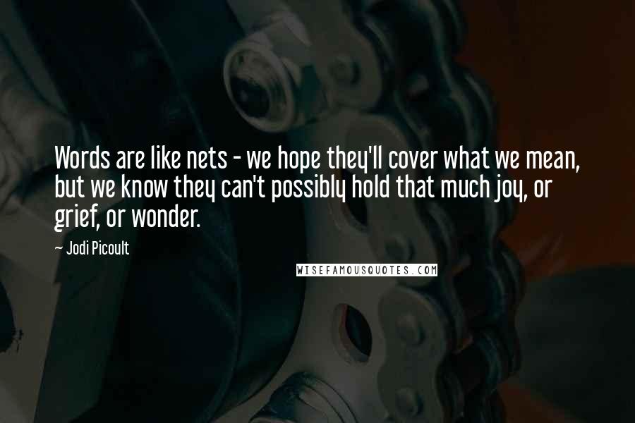 Jodi Picoult Quotes: Words are like nets - we hope they'll cover what we mean, but we know they can't possibly hold that much joy, or grief, or wonder.