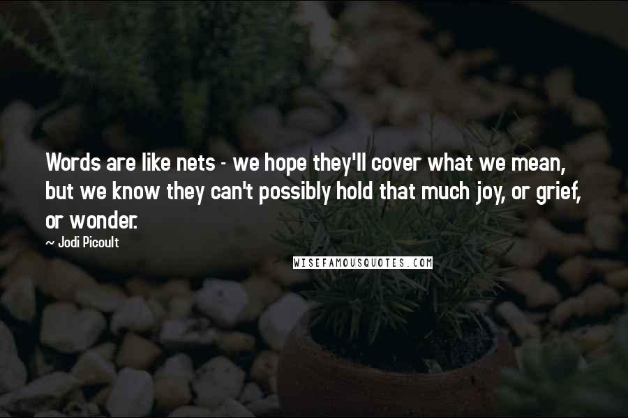 Jodi Picoult Quotes: Words are like nets - we hope they'll cover what we mean, but we know they can't possibly hold that much joy, or grief, or wonder.