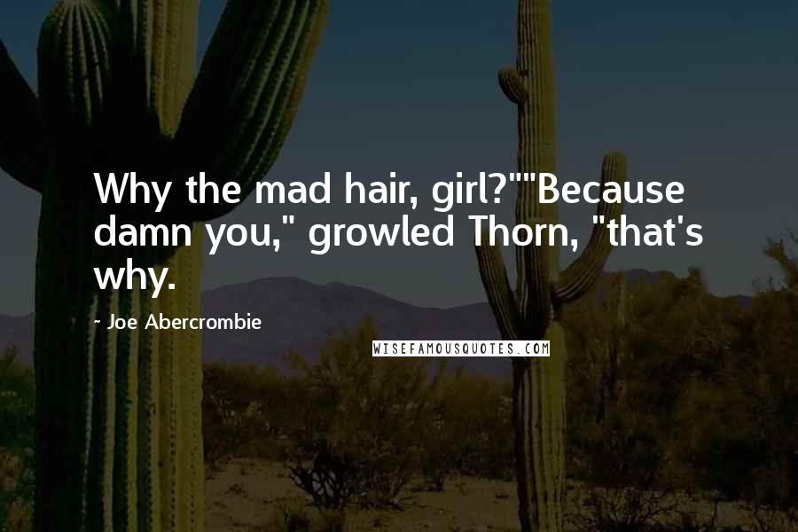 Joe Abercrombie Quotes: Why the mad hair, girl?""Because damn you," growled Thorn, "that's why.