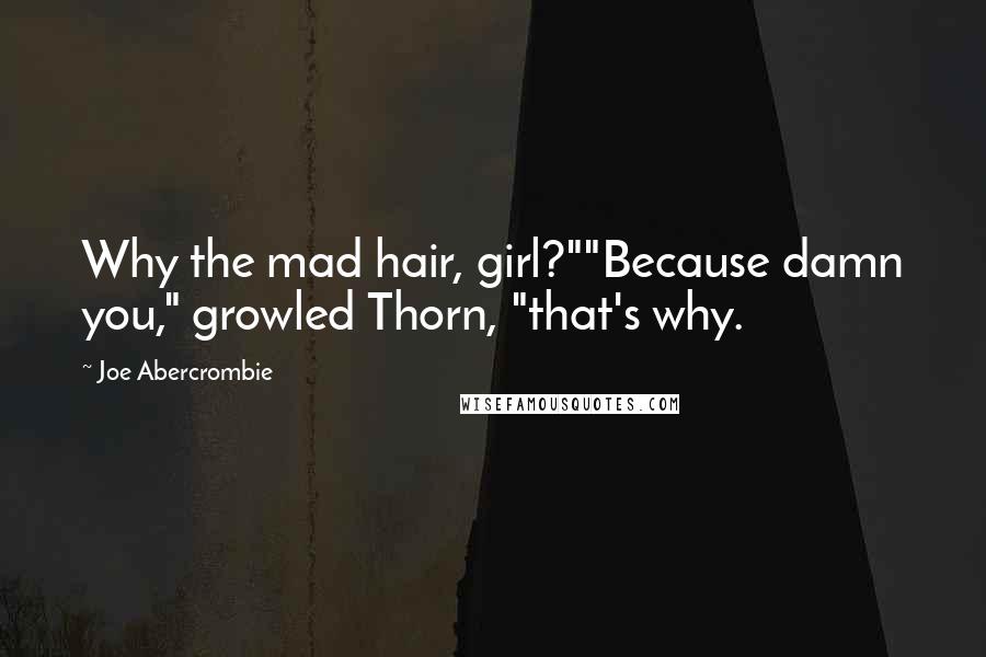 Joe Abercrombie Quotes: Why the mad hair, girl?""Because damn you," growled Thorn, "that's why.
