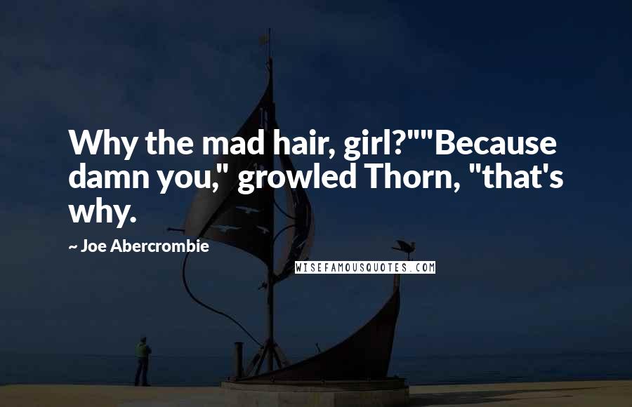 Joe Abercrombie Quotes: Why the mad hair, girl?""Because damn you," growled Thorn, "that's why.