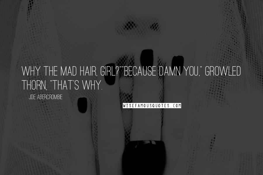 Joe Abercrombie Quotes: Why the mad hair, girl?""Because damn you," growled Thorn, "that's why.