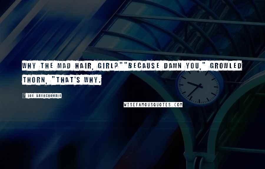 Joe Abercrombie Quotes: Why the mad hair, girl?""Because damn you," growled Thorn, "that's why.