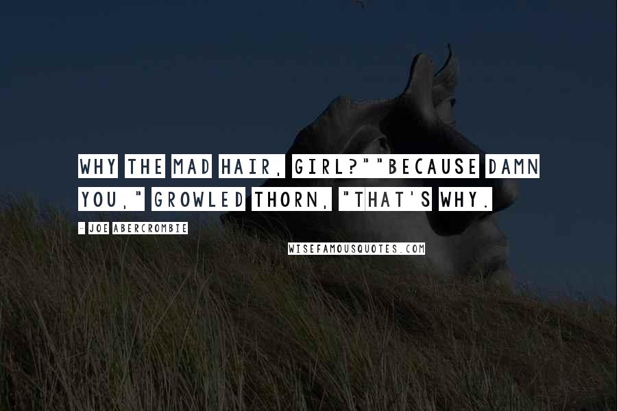 Joe Abercrombie Quotes: Why the mad hair, girl?""Because damn you," growled Thorn, "that's why.