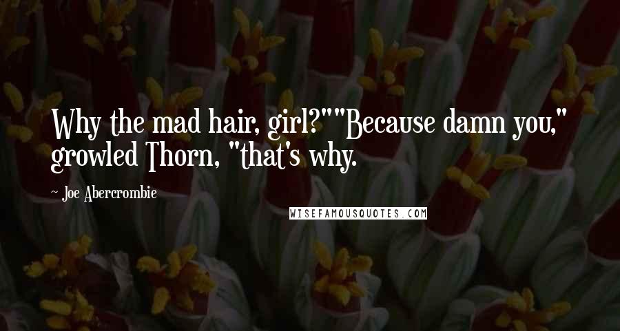 Joe Abercrombie Quotes: Why the mad hair, girl?""Because damn you," growled Thorn, "that's why.