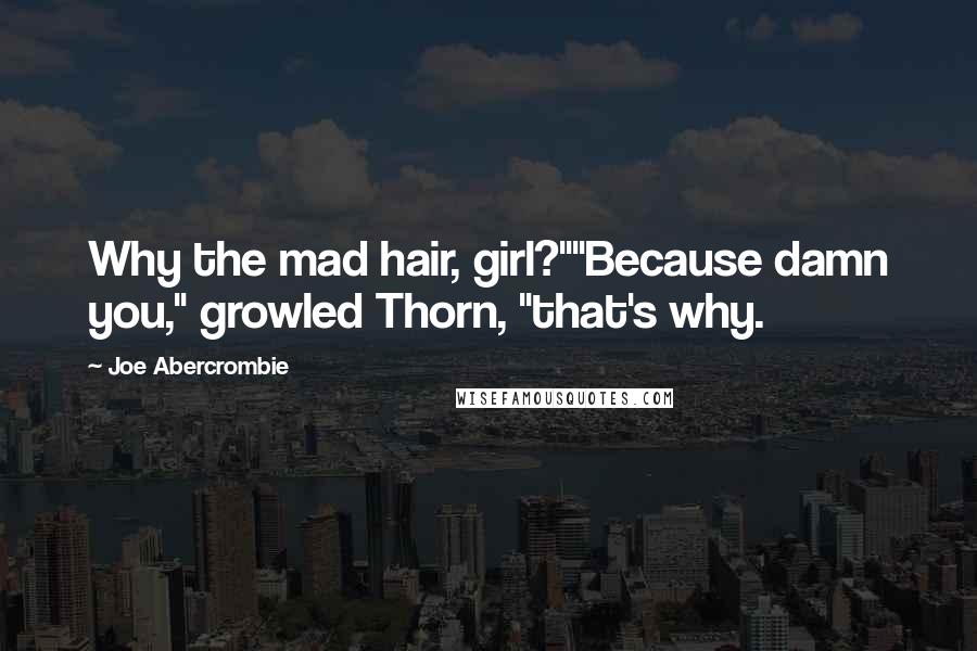 Joe Abercrombie Quotes: Why the mad hair, girl?""Because damn you," growled Thorn, "that's why.