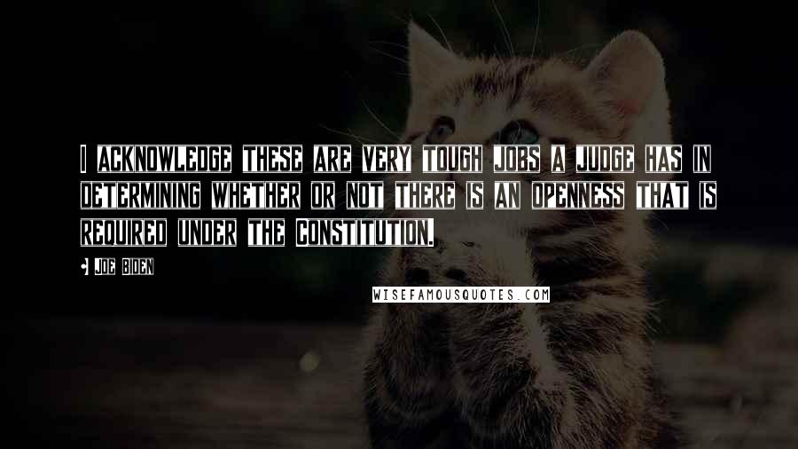 Joe Biden Quotes: I acknowledge these are very tough jobs a judge has in determining whether or not there is an openness that is required under the Constitution.