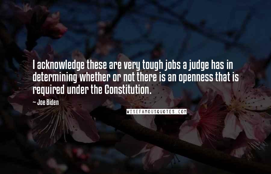 Joe Biden Quotes: I acknowledge these are very tough jobs a judge has in determining whether or not there is an openness that is required under the Constitution.