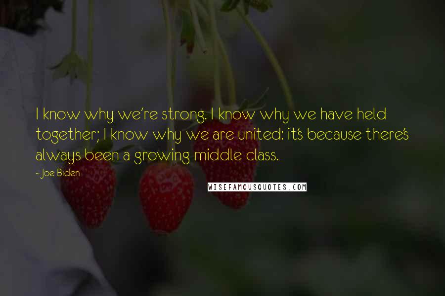 Joe Biden Quotes: I know why we're strong. I know why we have held together; I know why we are united: it's because there's always been a growing middle class.