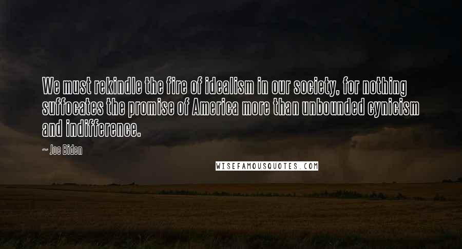 Joe Biden Quotes: We must rekindle the fire of idealism in our society, for nothing suffocates the promise of America more than unbounded cynicism and indifference.