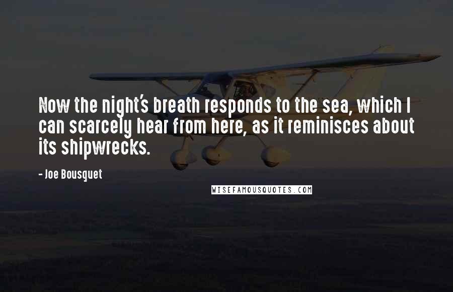 Joe Bousquet Quotes: Now the night's breath responds to the sea, which I can scarcely hear from here, as it reminisces about its shipwrecks.