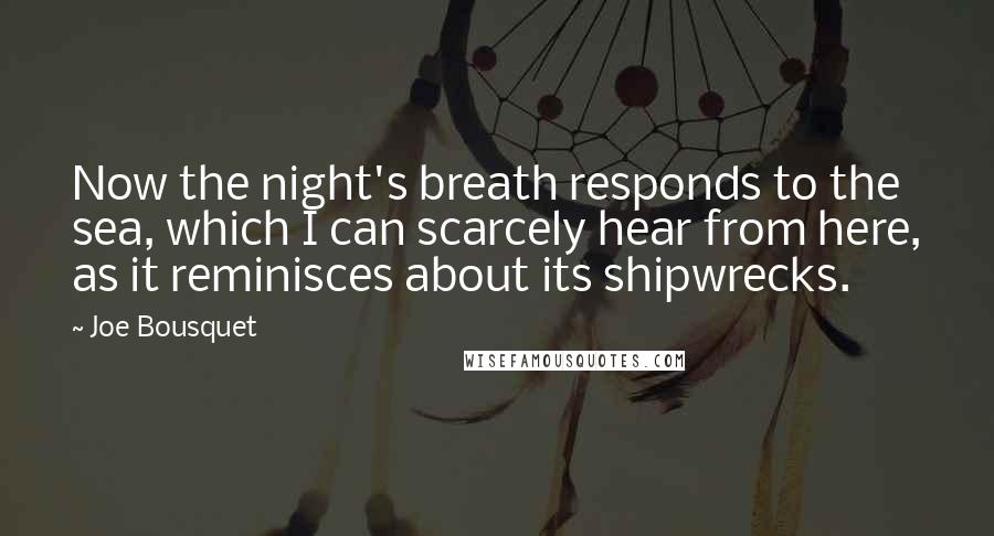 Joe Bousquet Quotes: Now the night's breath responds to the sea, which I can scarcely hear from here, as it reminisces about its shipwrecks.