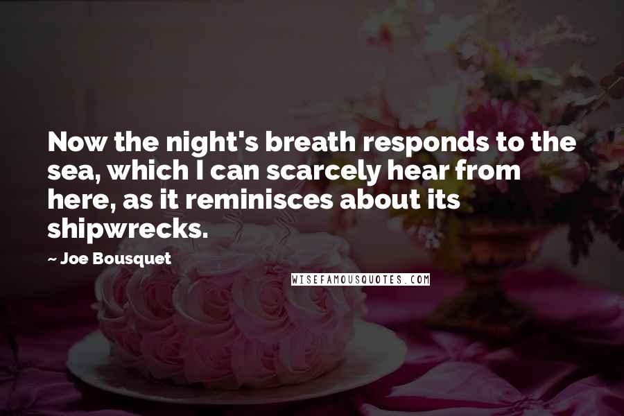 Joe Bousquet Quotes: Now the night's breath responds to the sea, which I can scarcely hear from here, as it reminisces about its shipwrecks.