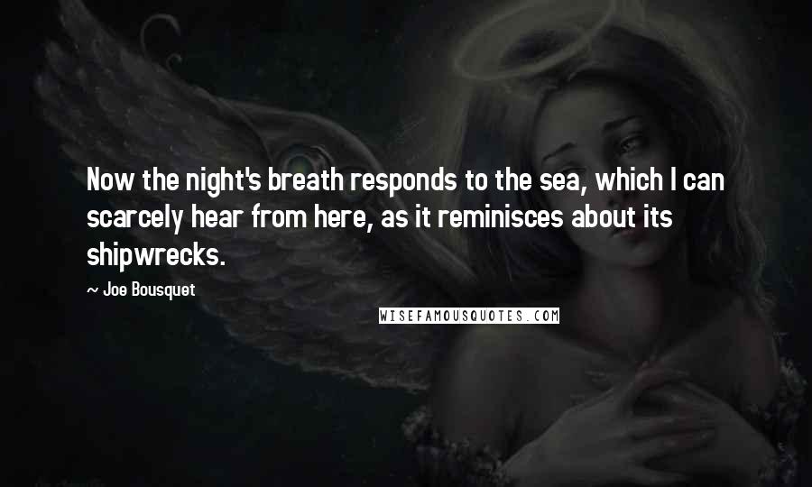 Joe Bousquet Quotes: Now the night's breath responds to the sea, which I can scarcely hear from here, as it reminisces about its shipwrecks.