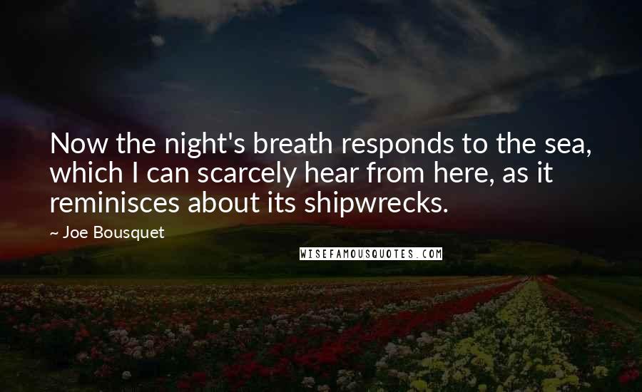 Joe Bousquet Quotes: Now the night's breath responds to the sea, which I can scarcely hear from here, as it reminisces about its shipwrecks.