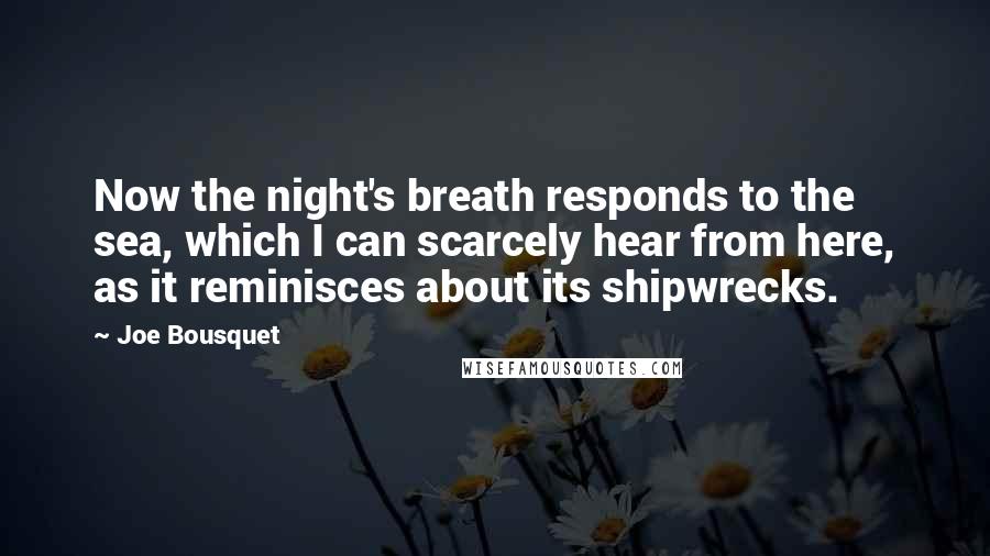 Joe Bousquet Quotes: Now the night's breath responds to the sea, which I can scarcely hear from here, as it reminisces about its shipwrecks.