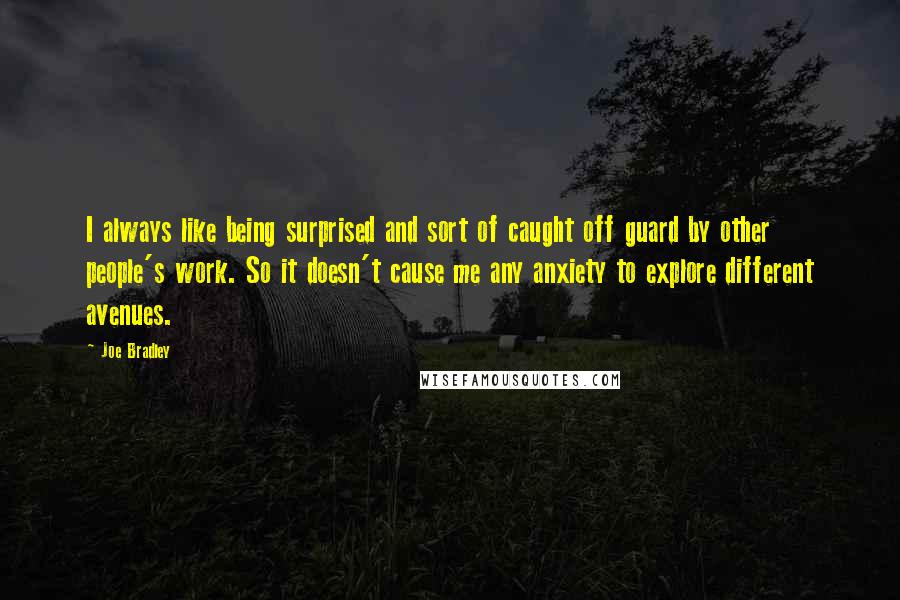 Joe Bradley Quotes: I always like being surprised and sort of caught off guard by other people's work. So it doesn't cause me any anxiety to explore different avenues.