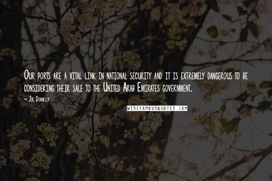 Joe Donnelly Quotes: Our ports are a vital link in national security and it is extremely dangerous to be considering their sale to the United Arab Emirates government.