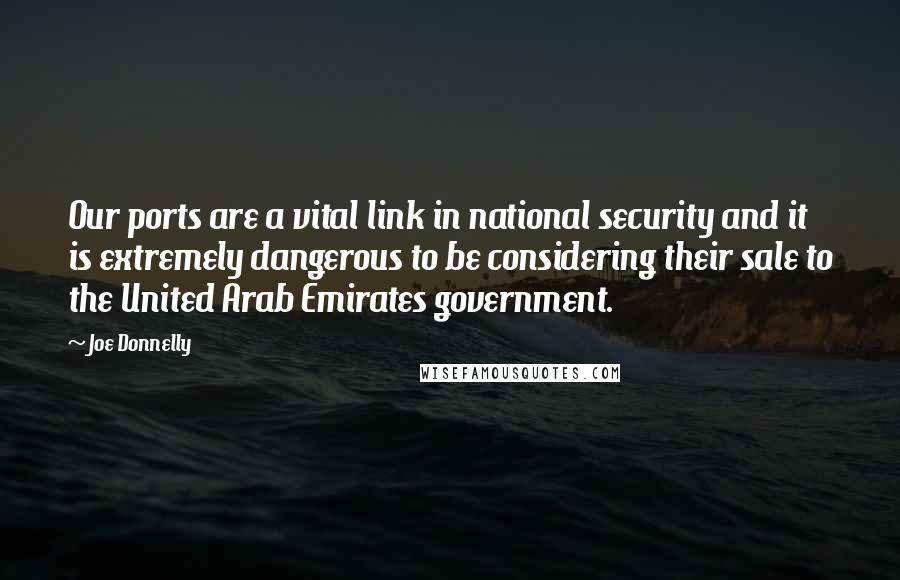 Joe Donnelly Quotes: Our ports are a vital link in national security and it is extremely dangerous to be considering their sale to the United Arab Emirates government.