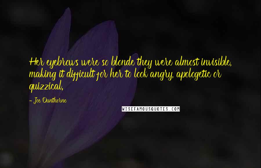 Joe Dunthorne Quotes: Her eyebrows were so blonde they were almost invisible, making it difficult for her to look angry, apologetic or quizzical.