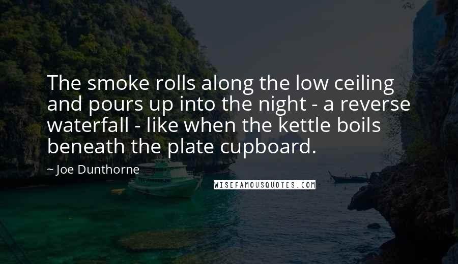 Joe Dunthorne Quotes: The smoke rolls along the low ceiling and pours up into the night - a reverse waterfall - like when the kettle boils beneath the plate cupboard.