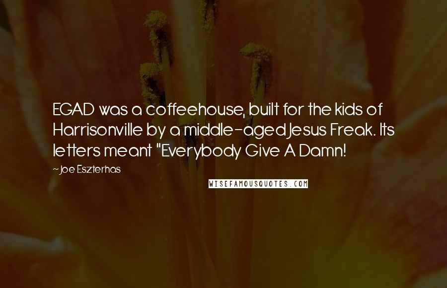 Joe Eszterhas Quotes: EGAD was a coffeehouse, built for the kids of Harrisonville by a middle-aged Jesus Freak. Its letters meant "Everybody Give A Damn!