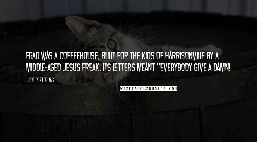 Joe Eszterhas Quotes: EGAD was a coffeehouse, built for the kids of Harrisonville by a middle-aged Jesus Freak. Its letters meant "Everybody Give A Damn!