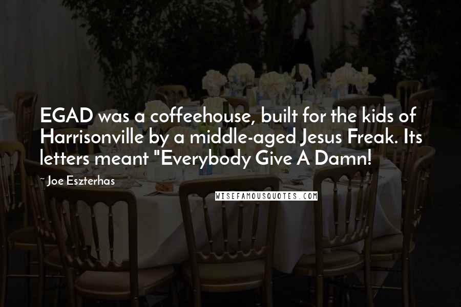 Joe Eszterhas Quotes: EGAD was a coffeehouse, built for the kids of Harrisonville by a middle-aged Jesus Freak. Its letters meant "Everybody Give A Damn!