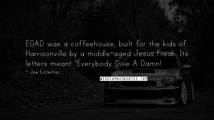Joe Eszterhas Quotes: EGAD was a coffeehouse, built for the kids of Harrisonville by a middle-aged Jesus Freak. Its letters meant "Everybody Give A Damn!