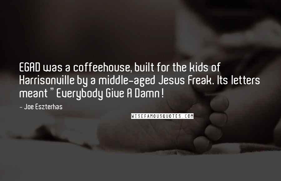 Joe Eszterhas Quotes: EGAD was a coffeehouse, built for the kids of Harrisonville by a middle-aged Jesus Freak. Its letters meant "Everybody Give A Damn!