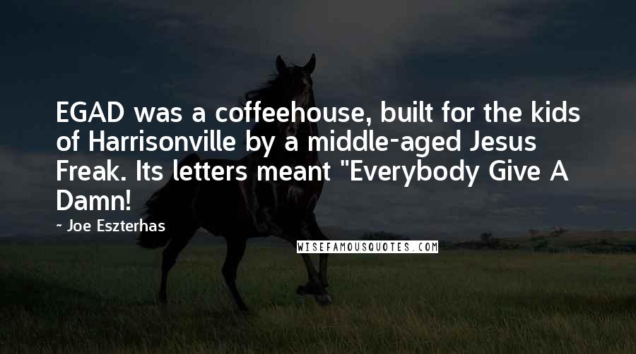 Joe Eszterhas Quotes: EGAD was a coffeehouse, built for the kids of Harrisonville by a middle-aged Jesus Freak. Its letters meant "Everybody Give A Damn!