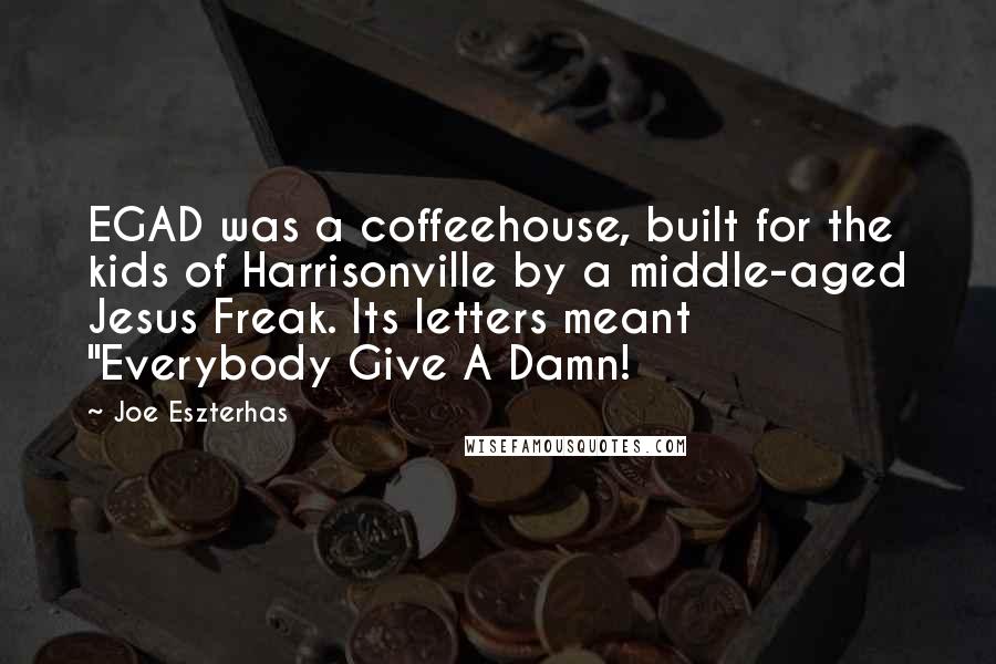 Joe Eszterhas Quotes: EGAD was a coffeehouse, built for the kids of Harrisonville by a middle-aged Jesus Freak. Its letters meant "Everybody Give A Damn!