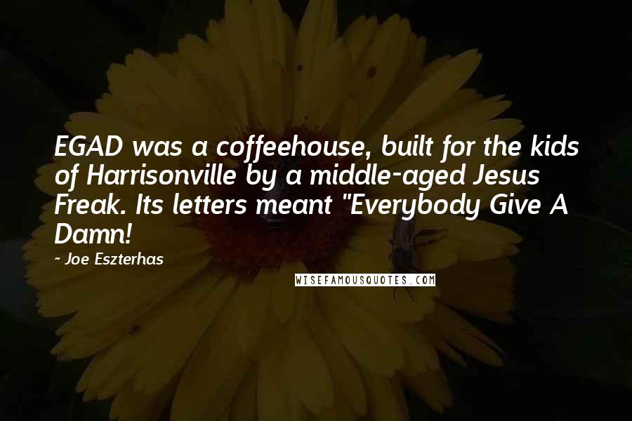 Joe Eszterhas Quotes: EGAD was a coffeehouse, built for the kids of Harrisonville by a middle-aged Jesus Freak. Its letters meant "Everybody Give A Damn!