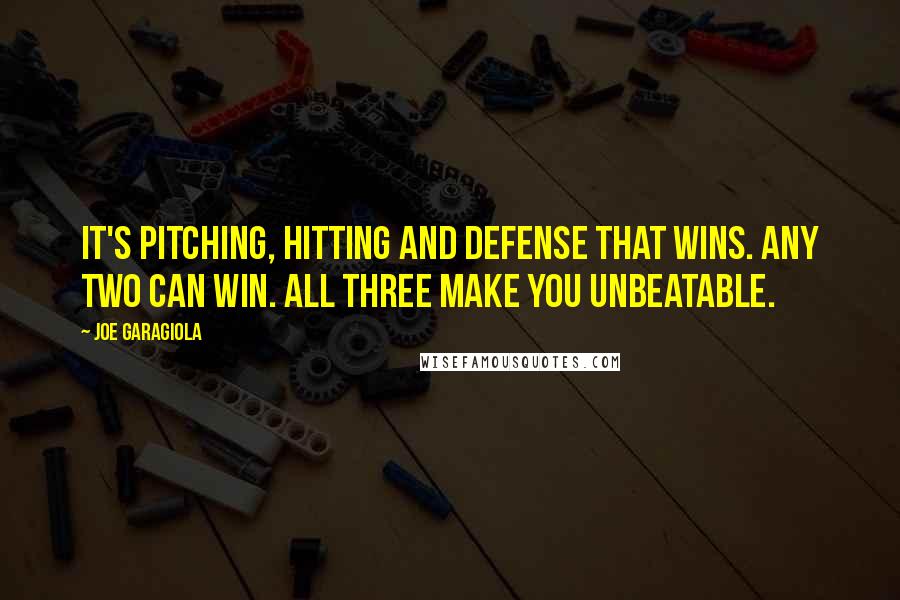 Joe Garagiola Quotes: It's pitching, hitting and defense that wins. Any two can win. All three make you unbeatable.