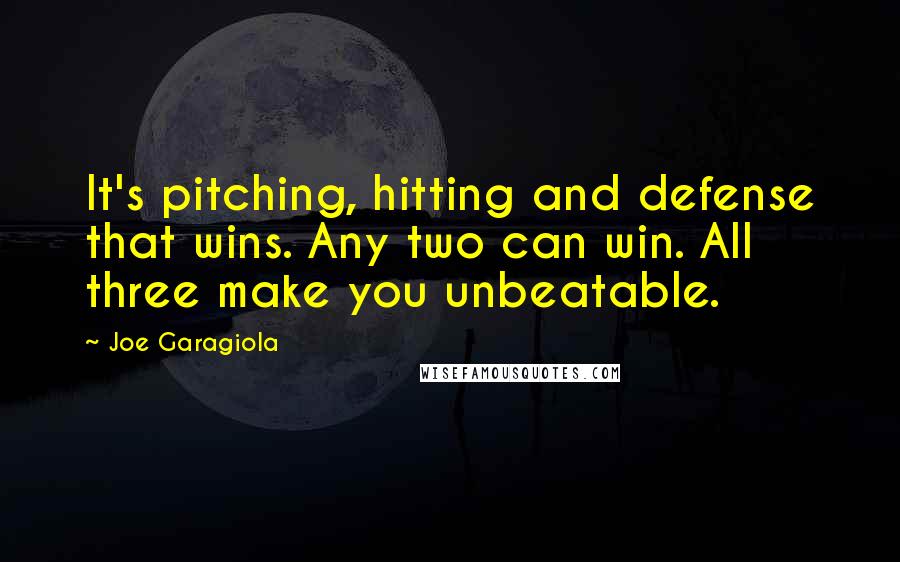 Joe Garagiola Quotes: It's pitching, hitting and defense that wins. Any two can win. All three make you unbeatable.