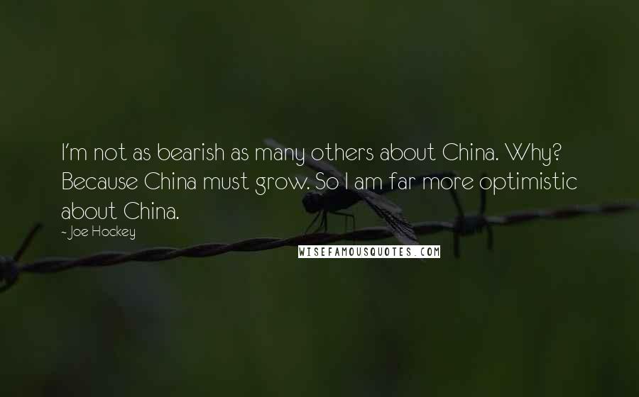 Joe Hockey Quotes: I'm not as bearish as many others about China. Why? Because China must grow. So I am far more optimistic about China.