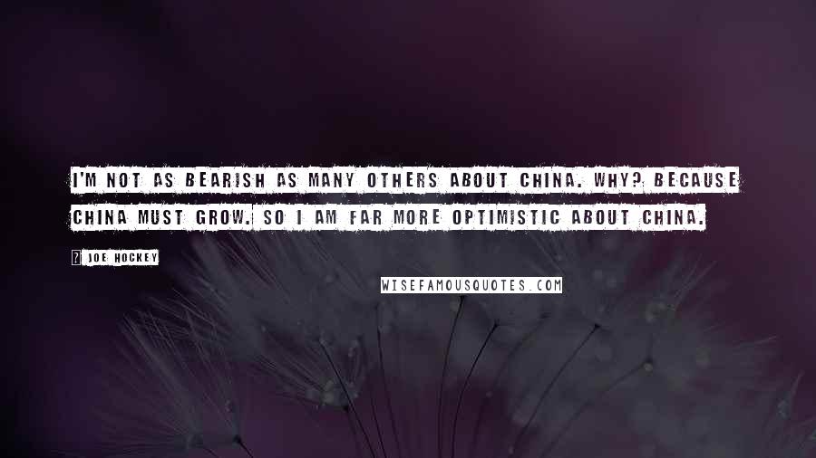 Joe Hockey Quotes: I'm not as bearish as many others about China. Why? Because China must grow. So I am far more optimistic about China.