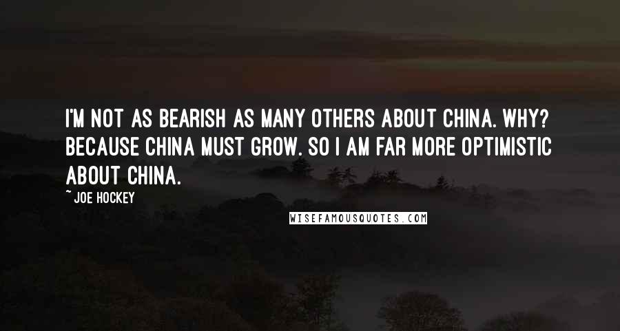 Joe Hockey Quotes: I'm not as bearish as many others about China. Why? Because China must grow. So I am far more optimistic about China.