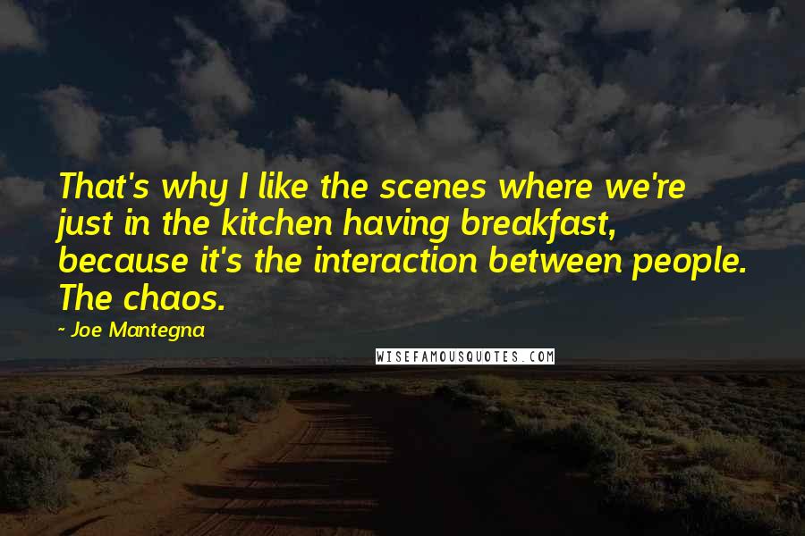 Joe Mantegna Quotes: That's why I like the scenes where we're just in the kitchen having breakfast, because it's the interaction between people. The chaos.