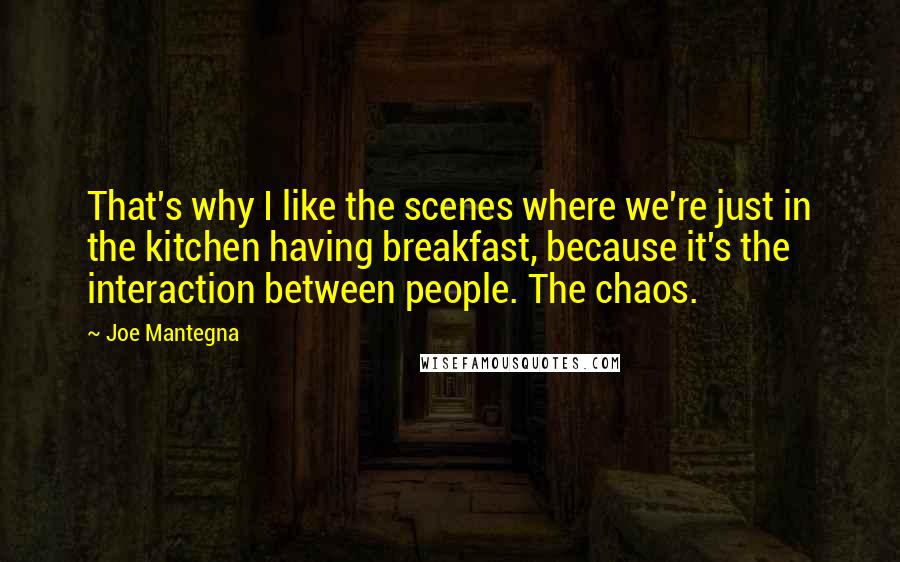Joe Mantegna Quotes: That's why I like the scenes where we're just in the kitchen having breakfast, because it's the interaction between people. The chaos.