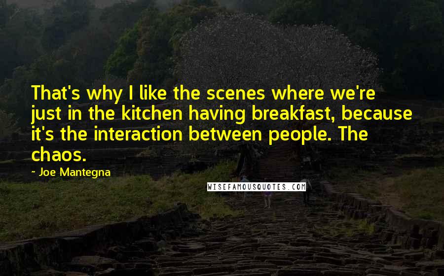 Joe Mantegna Quotes: That's why I like the scenes where we're just in the kitchen having breakfast, because it's the interaction between people. The chaos.